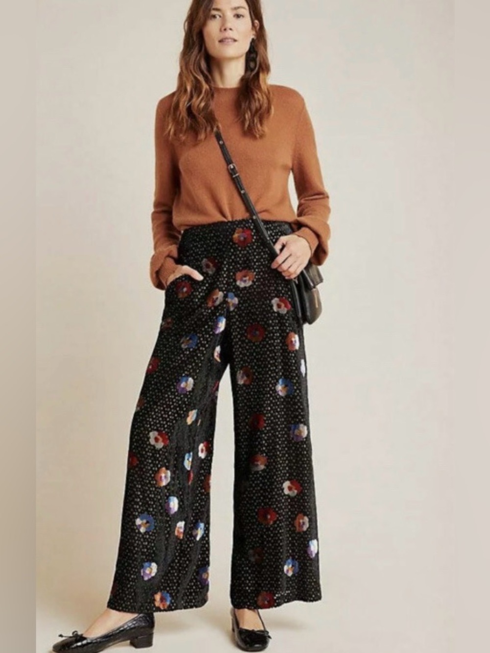 Anthropologie Eva Franco Pasquette Velvet Wide Leg Pants Size 2 Floral Metallic